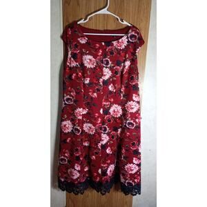 Dark Floral Swing Dress Red Black Lace Hem Romantic Goth Boho Midi Roz Ali 16